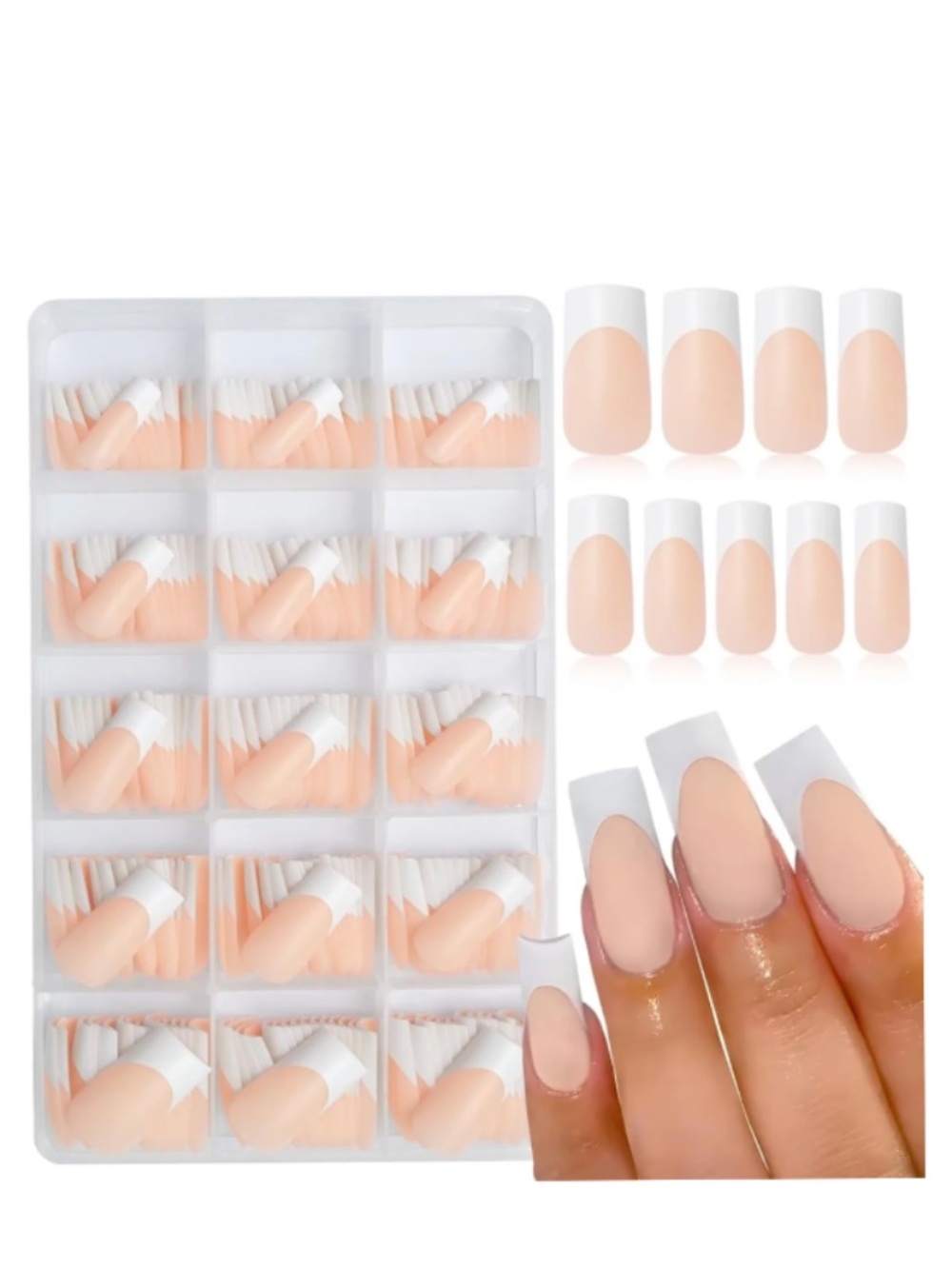 Matte Nude With White French Tip Nails Long Square Nails